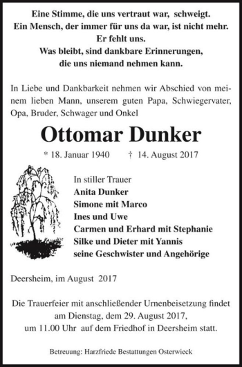 Traueranzeige von Ottomar Dunker  von Magdeburger Volksstimme