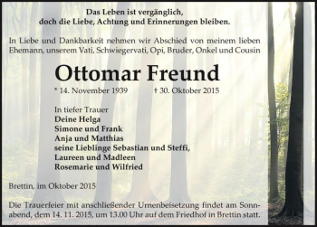 Traueranzeige von Ottomar Freund  von Magdeburger Volksstimme