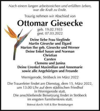 Traueranzeige von Ottomar Giesecke  von Magdeburger Volksstimme