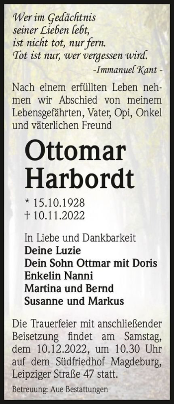 Traueranzeige von Ottomar Harbordt  von Magdeburger Volksstimme
