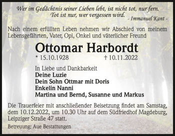 Traueranzeige von Ottomar Harbordt  von Magdeburger Volksstimme