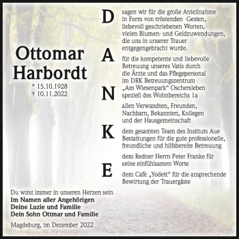 Traueranzeige von Ottomar Harbordt  von Magdeburger Volksstimme
