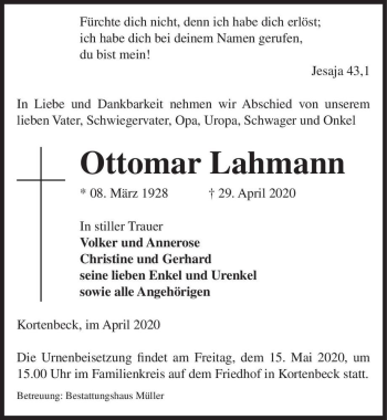 Traueranzeige von Ottomar Lahmann  von Magdeburger Volksstimme