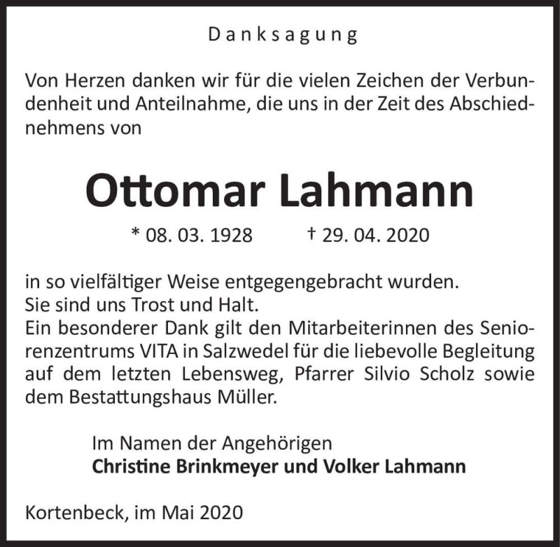  Traueranzeige für Ottomar Lahmann  vom 23.05.2020 aus Magdeburger Volksstimme