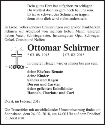 Traueranzeige von Ottomar Schirmer  von Magdeburger Volksstimme