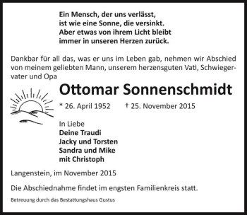 Traueranzeige von Ottomar Sonnenschmidt  von Magdeburger Volksstimme