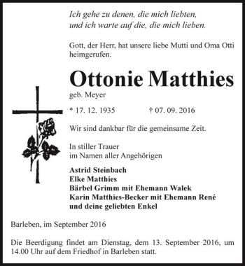 Traueranzeige von Ottonie Matthies (geb.Meyer)  von Magdeburger Volksstimme