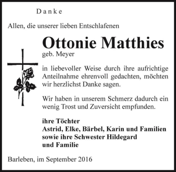Traueranzeige von Ottonie Matthies (geb. Meyer)  von Magdeburger Volksstimme