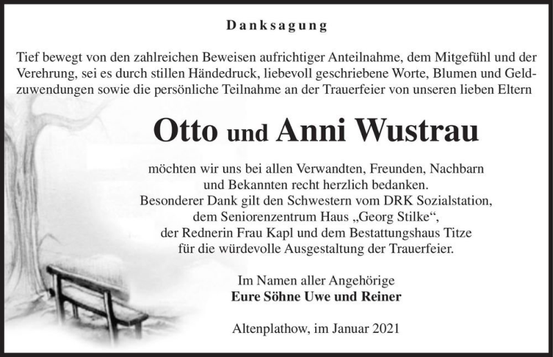  Traueranzeige für Otto und Anni Wustrau  vom 09.01.2021 aus Magdeburger Volksstimme