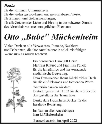 Traueranzeige von Otto „Bube“ Mückenheim  von Magdeburger Volksstimme