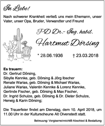 Traueranzeige von PD Dr.-Ing. habil. Hartmut Dörsing  von Magdeburger Volksstimme