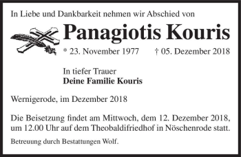 Traueranzeige von Panagiotis Kouris  von Magdeburger Volksstimme