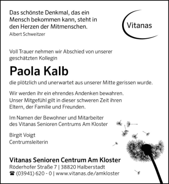 Traueranzeige von Paola Kalb  von Magdeburger Volksstimme