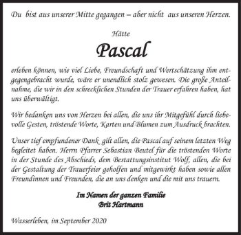 Traueranzeige von Pascal Hartmann  von Magdeburger Volksstimme