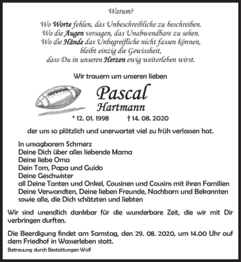 Traueranzeige von Pascal Hartmann  von Magdeburger Volksstimme