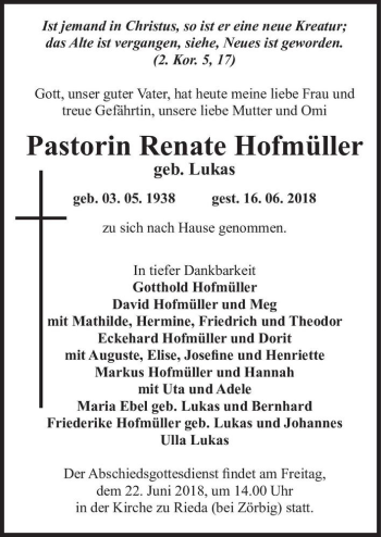 Traueranzeige von Pastorin Renate Hofmüller (geb. Lukas)  von Magdeburger Volksstimme