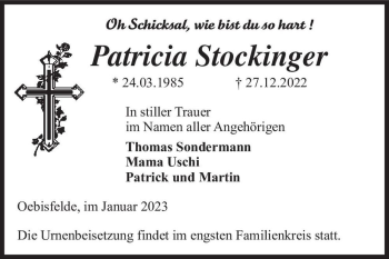 Traueranzeige von Patricia Stockinger  von Magdeburger Volksstimme