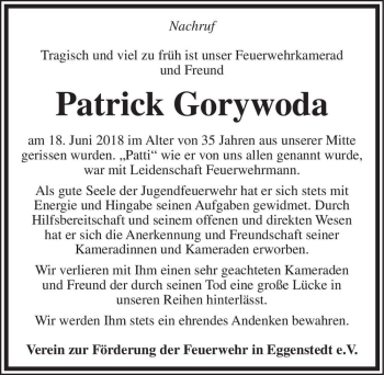 Traueranzeige von Patrick Gorywoda  von Magdeburger Volksstimme