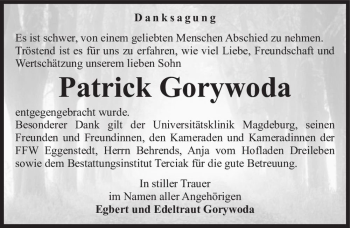 Traueranzeige von Patrick Gorywoda  von Magdeburger Volksstimme