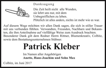 Traueranzeige von Patrick Kleber  von Magdeburger Volksstimme