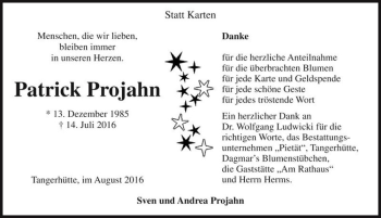 Traueranzeige von Patrick Projahn  von Magdeburger Volksstimme