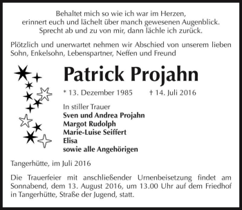 Traueranzeige von Patrick Projahn  von Magdeburger Volksstimme