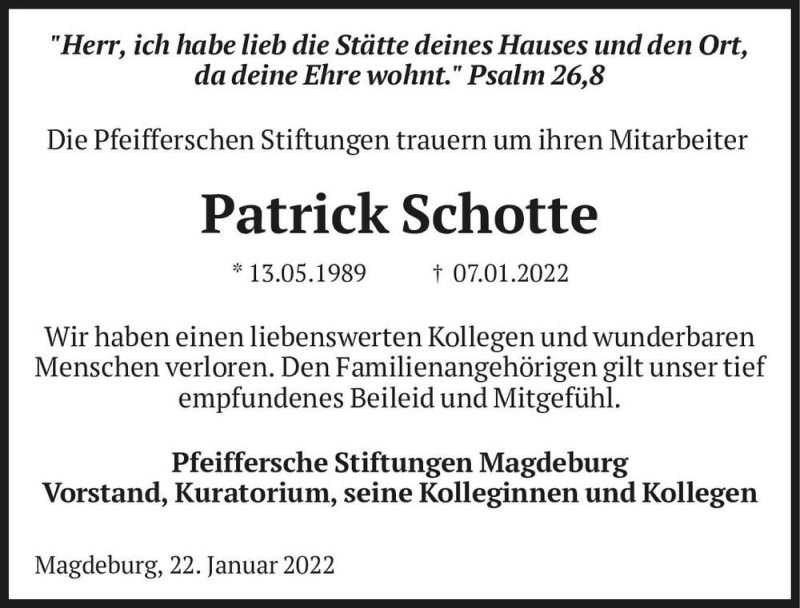  Traueranzeige für Patrick Schotte  vom 22.01.2022 aus Magdeburger Volksstimme
