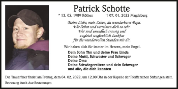 Traueranzeige von Patrick Schotte  von Magdeburger Volksstimme