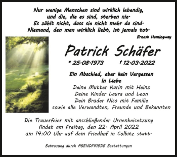 Traueranzeige von Patrick Schäfer  von Magdeburger Volksstimme