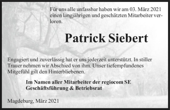Traueranzeige von Patrick Siebert  von Magdeburger Volksstimme