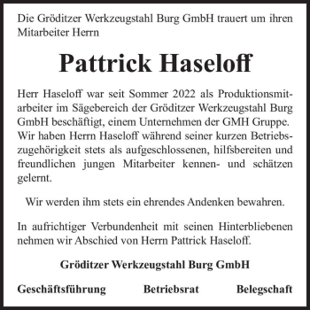 Traueranzeige von Pattrick Haseloff  von Magdeburger Volksstimme