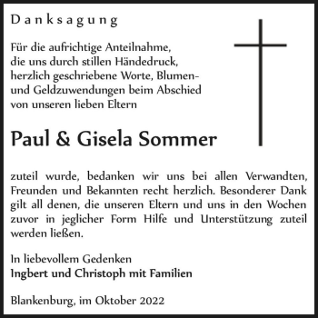 Traueranzeige von Paul & Gisela Sommer  von Magdeburger Volksstimme