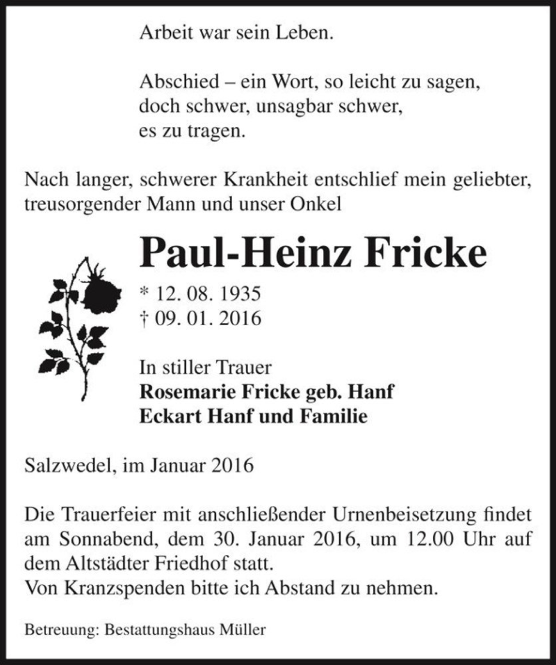  Traueranzeige für Paul-Heinz Fricke  vom 12.01.2016 aus Magdeburger Volksstimme
