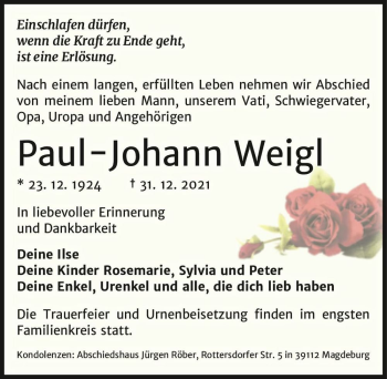 Traueranzeige von Paul-Johann Weigl  von Magdeburger Volksstimme