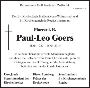 Traueranzeige von Paul-Leo Goers  von Magdeburger Volksstimme