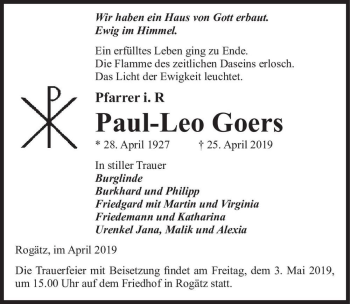 Traueranzeige von Paul-Leo Goers  von Magdeburger Volksstimme