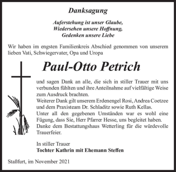 Traueranzeige von Paul-Otto Petrich  von Magdeburger Volksstimme