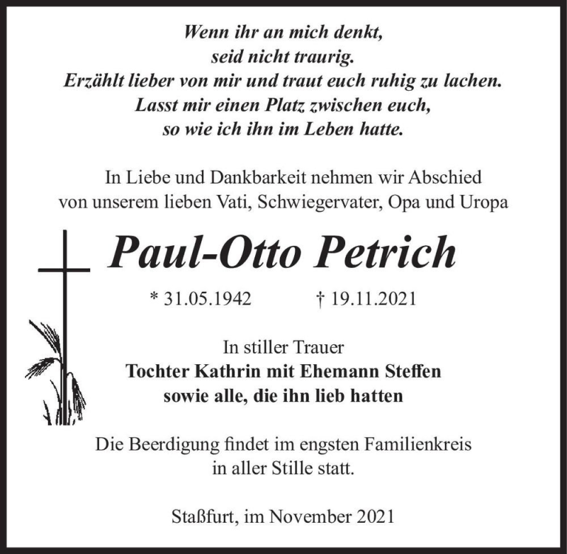  Traueranzeige für Paul-Otto Petrich  vom 24.11.2021 aus Magdeburger Volksstimme