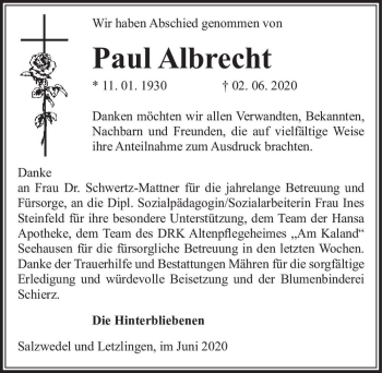 Traueranzeige von Paul Albrecht  von Magdeburger Volksstimme