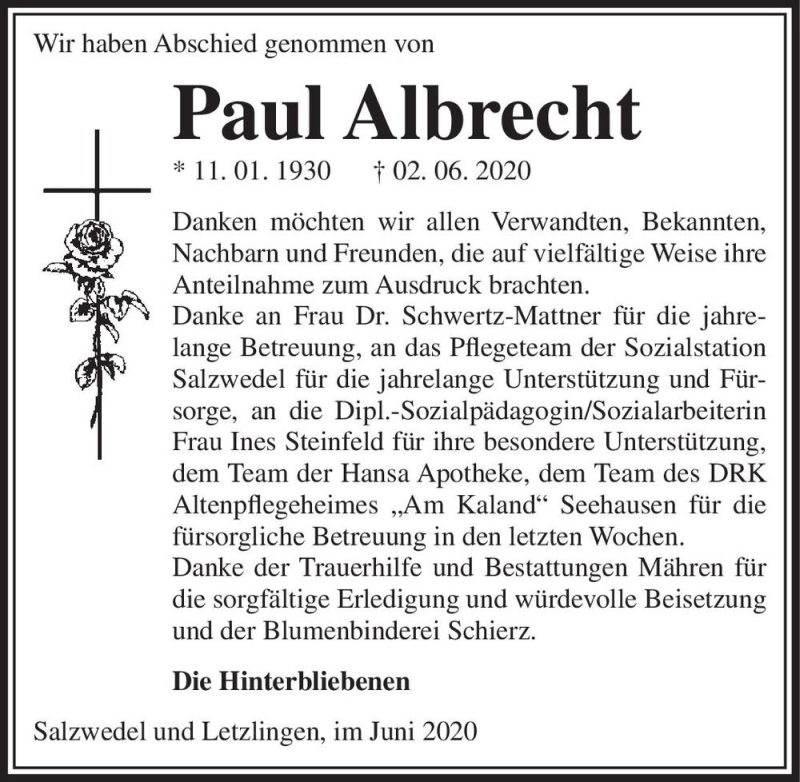  Traueranzeige für Paul Albrecht  vom 02.07.2020 aus Magdeburger Volksstimme