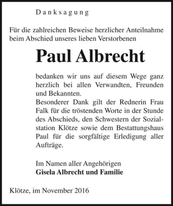 Traueranzeige von Paul Albrecht  von Magdeburger Volksstimme