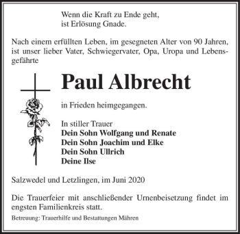 Traueranzeige von Paul Albrecht  von Magdeburger Volksstimme