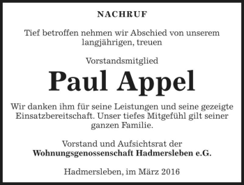Traueranzeige von Paul Appel  von Magdeburger Volksstimme
