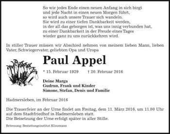 Traueranzeige von Paul Appel  von Magdeburger Volksstimme