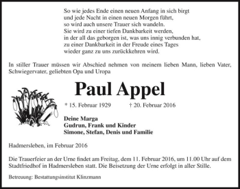 Traueranzeige von Paul Appel  von Magdeburger Volksstimme