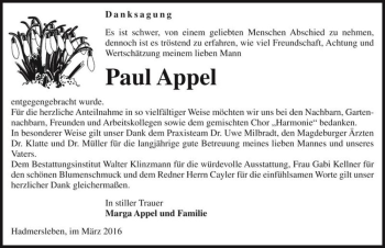 Traueranzeige von Paul Appel  von Magdeburger Volksstimme