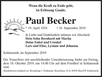 Traueranzeige von Paul Becker  von Magdeburger Volksstimme