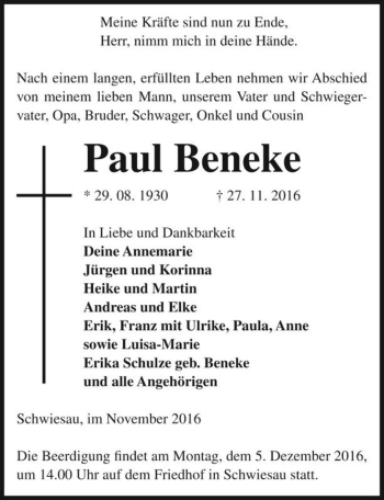 Traueranzeige von Paul Beneke  von Magdeburger Volksstimme