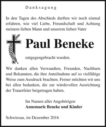 Traueranzeige von Paul Beneke  von Magdeburger Volksstimme