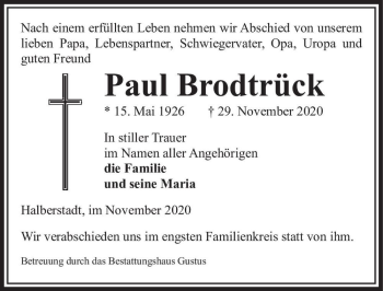 Traueranzeige von Paul Brodtrück  von Magdeburger Volksstimme